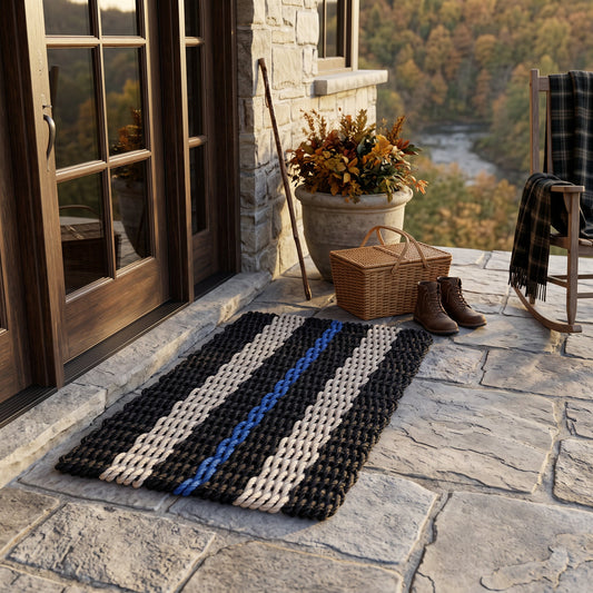 Black, Sand & Blue Signature Stripe Lobster Rope Doormat - Lolli's Loops