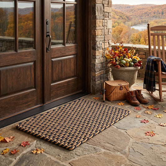 A woven rectangular lobster ropedoormat in brown and tan tones lies on a stone patio in front of dark wood double doors. The porch setting includes a stone pillar, a potted autumn floral arrangement, a wicker trunk, brown boots, a rocking chair with a plaid throw, and a scenic fall landscape in the background.
