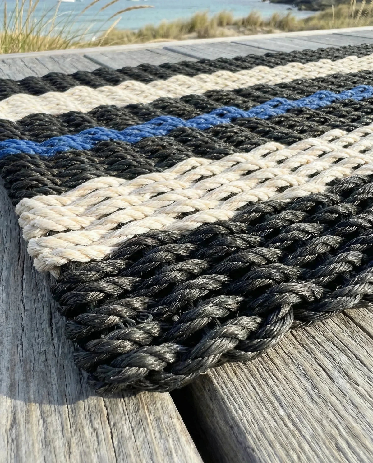 Black, Sand & Blue Signature Stripe Lobster Rope Doormat - Lolli's Loops