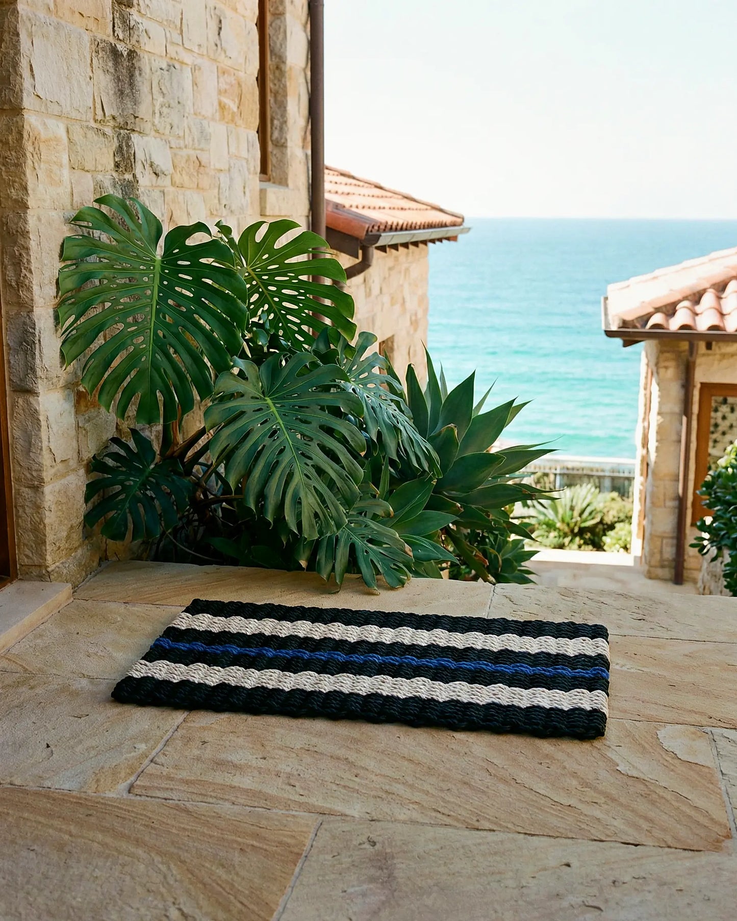Classic Rope Doormat - Black, Sand and Blue - Lollis Loops