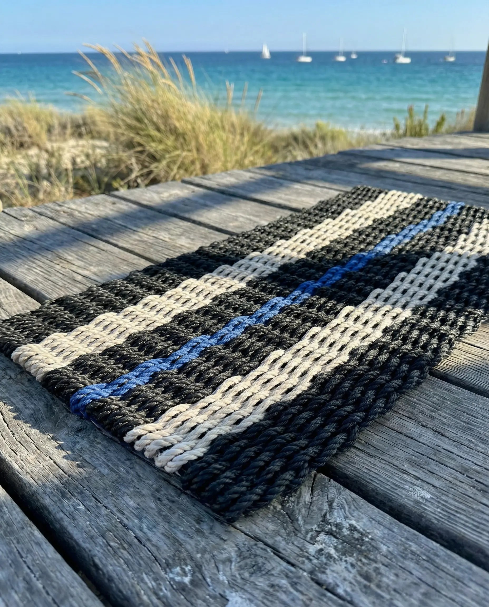 Classic Rope Doormat - Black, Sand and Blue - Lollis Loops