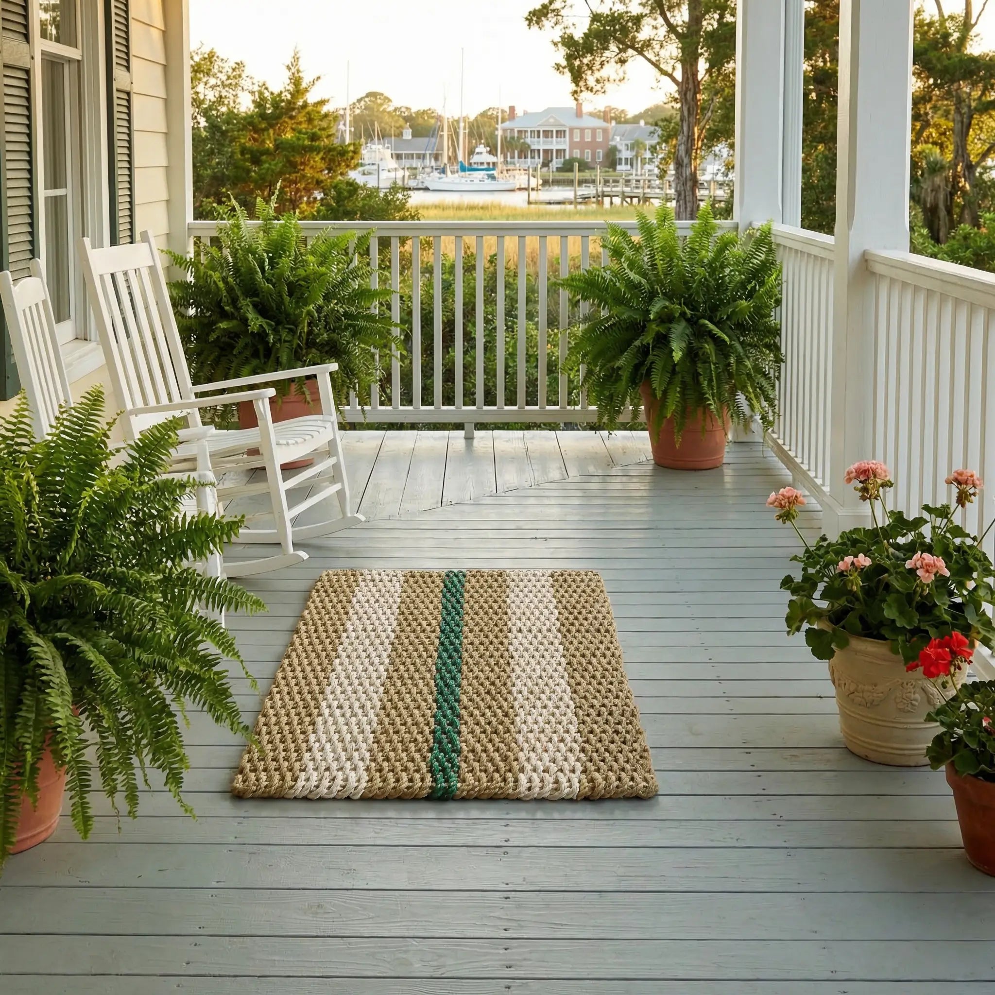 Handwoven tan, sand and green striped lobster rope doormat from Lolli's Loops The Anchor Estates collection on a classic Southern porch.