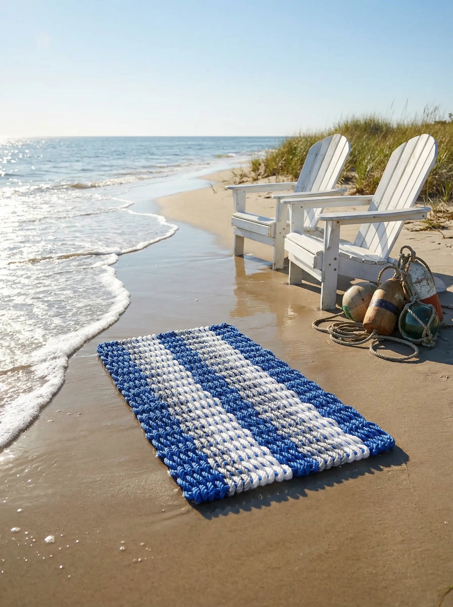 The Driftwood Series wave pattern lobster rope doormat in blue, gray and white mimicking ocean tides on a coastal beach.
