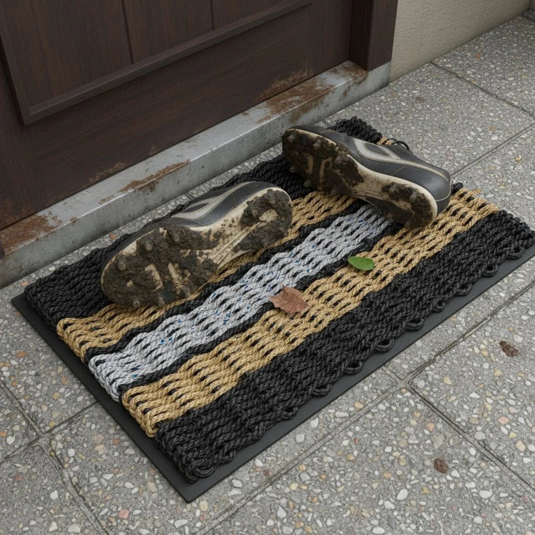 Limited Edition Football Rope Doormat - Black, Gray and Tan - Lollis Loops