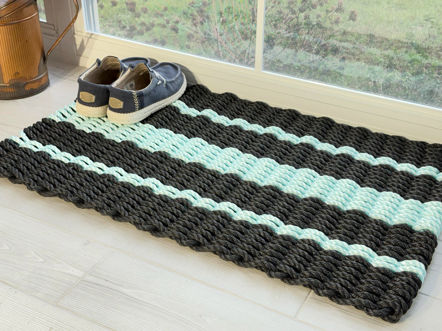Captain's Rope Doormat - Black and Seafoam - Lollis Loops