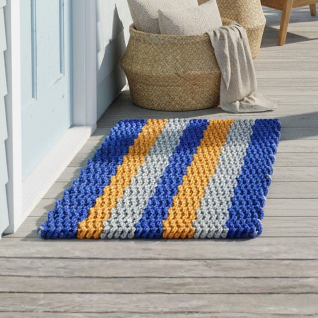 Coastal Wave Doormat - Blue, Orange and Gray - Lollis Loops