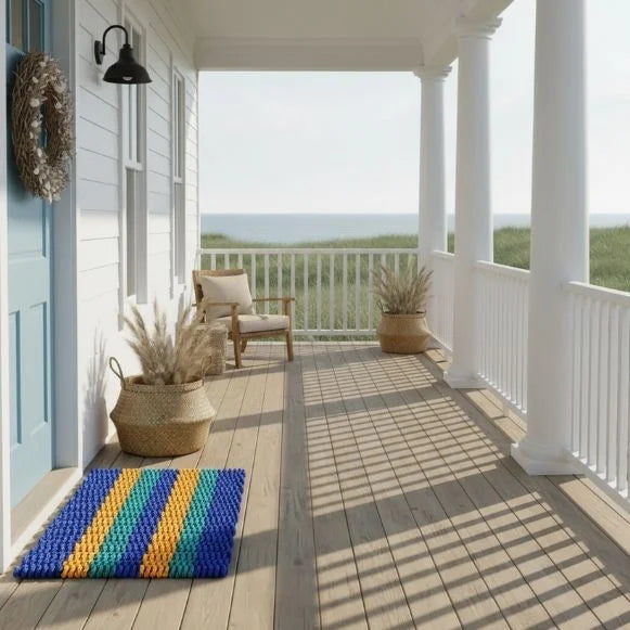 Coastal Lobster Rope Doormat Blue Teal and Orange on a beachside home
