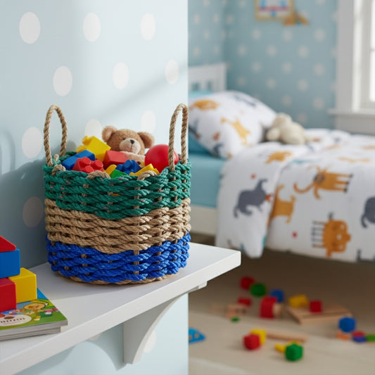 Colorful woven basket with toys on a shelf in a child's room with polka dot walls.