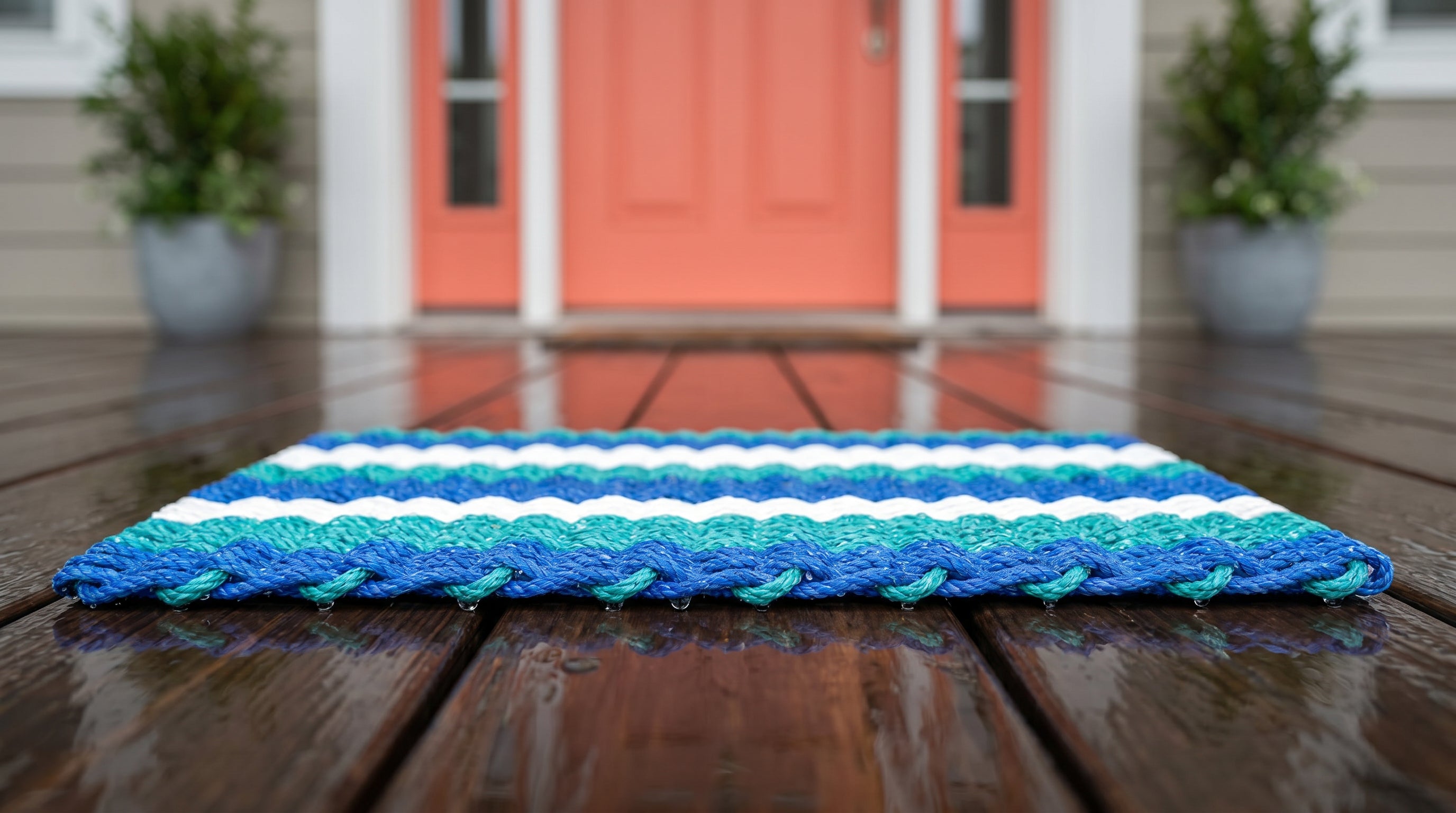 Coastal outdoor doormat with blue green and white gradient stripes on a wet porch.  Handcrafted rope doormats like this one from Lollis Loops do not absorb water and maintain their colors with UV enhanced cordage fibers.