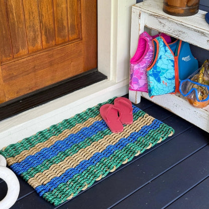 Lolli's Deep Harbor Drift-A Coastal Wave Green, Blue & Tan Lobster Rope Doormat | Unmatched Durability & Coastal Style