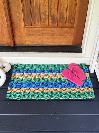 Lolli's Deep Harbor Drift-A Coastal Wave Green, Blue & Tan Lobster Rope Doormat | Unmatched Durability & Coastal Style