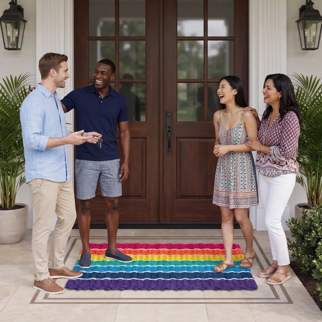 Two couples standing on a rainbow doormat outside a house.