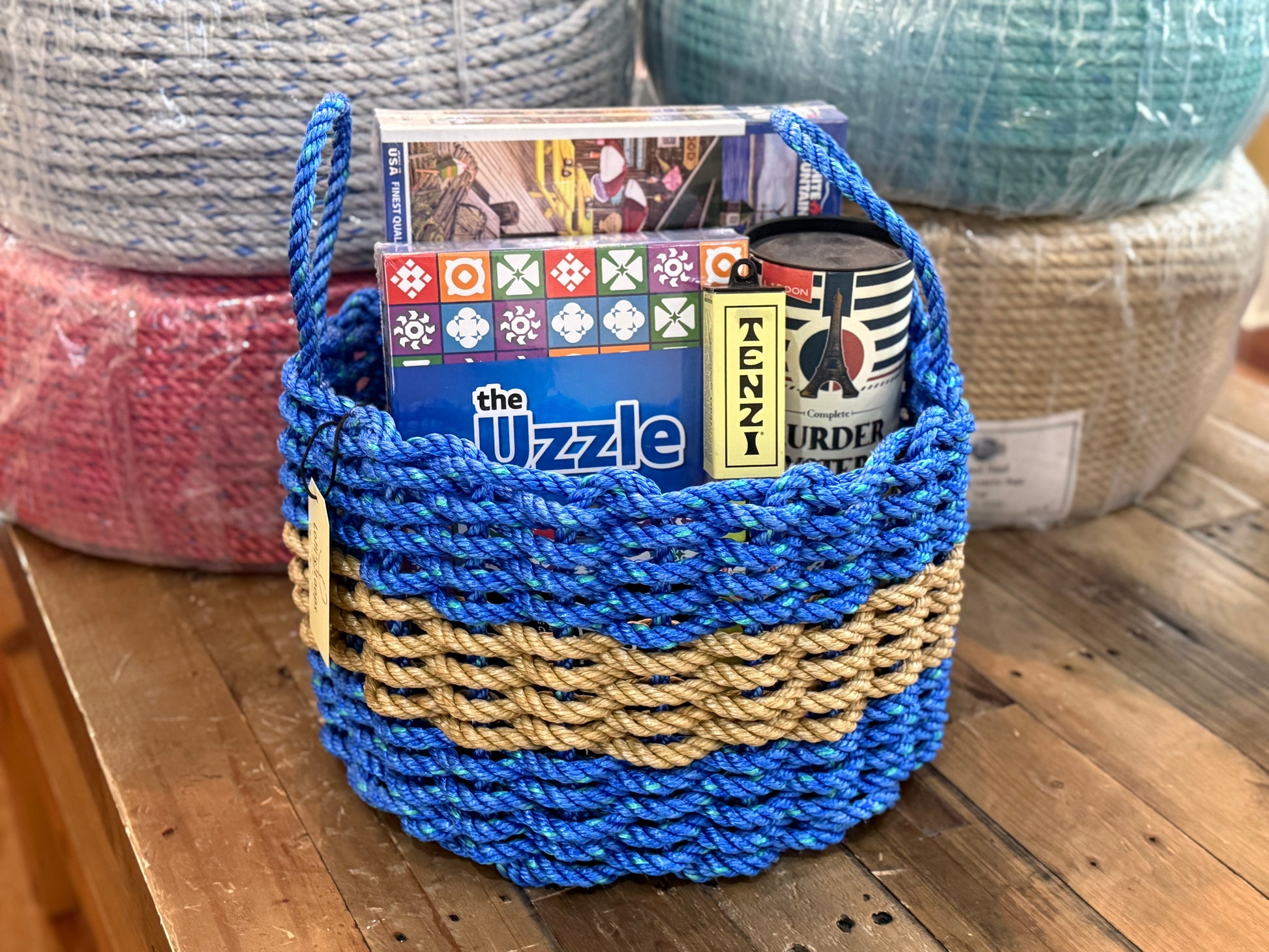 Blue and Tan Rope Basket filled with toys