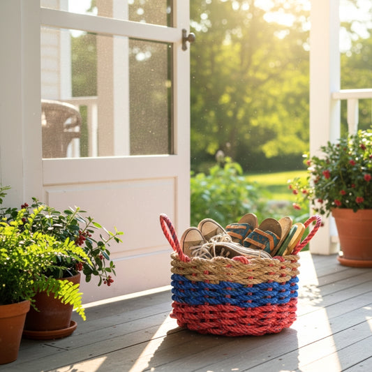 Red, Blue & Tan Lobster Rope Basket – Handwoven Coastal Storage Bin