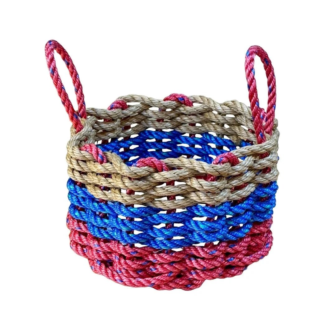 Red, Blue & Tan Lobster Rope Basket – Handwoven Coastal Storage Bin - Lollis Loops