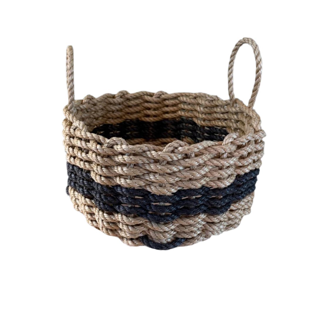 Farmhouse Lobster Rope Basket | Handwoven Tan & Black Storage – Modern Rustic Decor - Lollis Loops