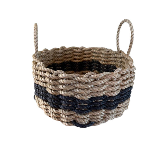 Farmhouse Lobster Rope Basket | Handwoven Tan & Black Storage – Modern Rustic Decor - Lollis Loops
