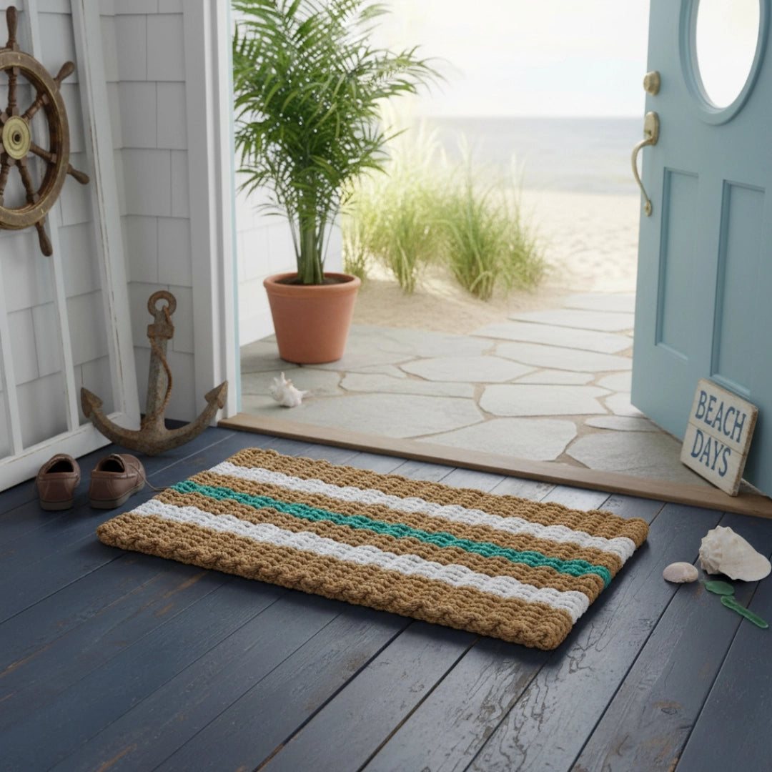Doormat with striped pattern on a wooden floor, leading to a beach scene.