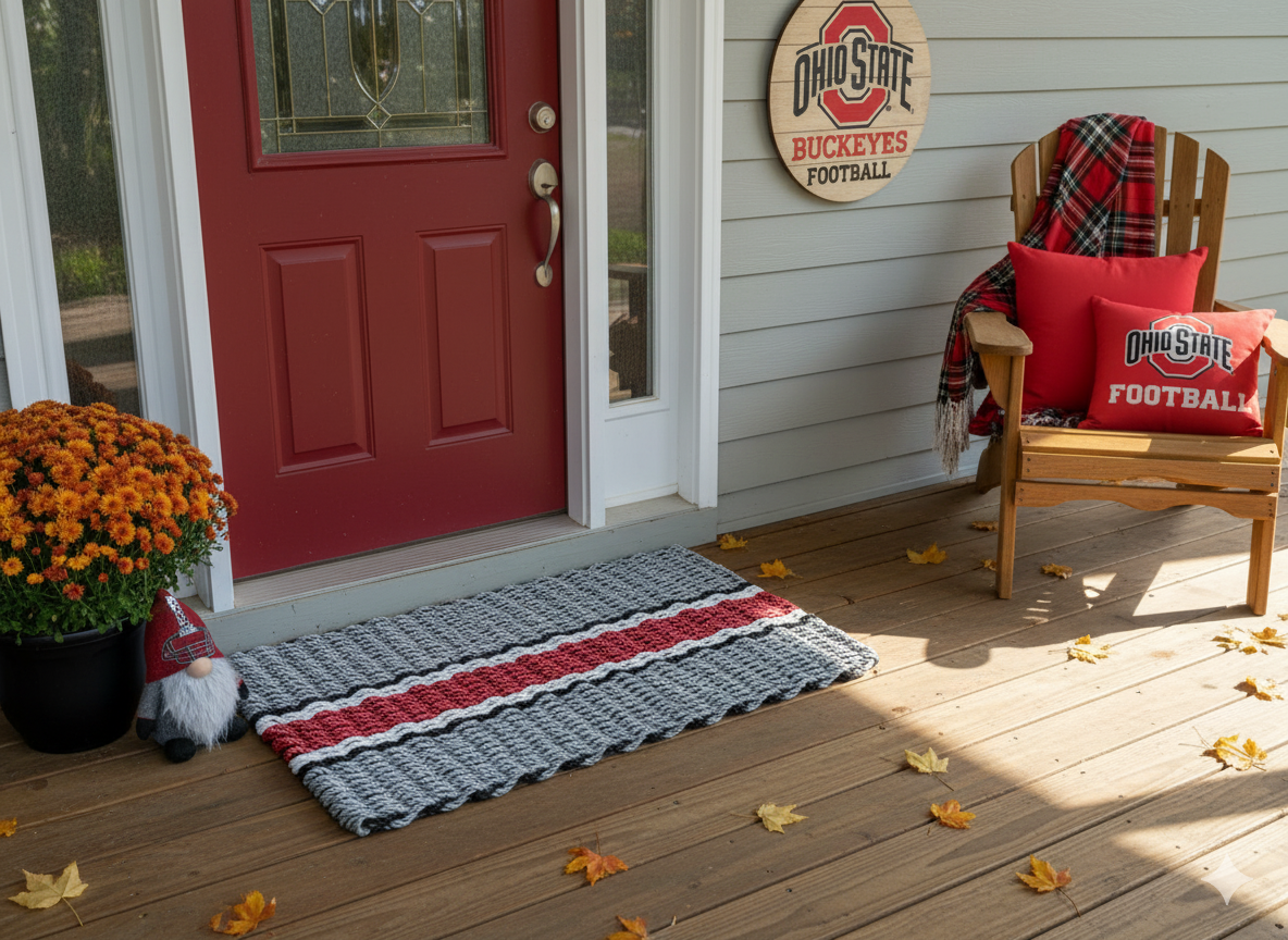 Front porch with a red door, Ohio State-themed decor, and a handcrafted doormat.