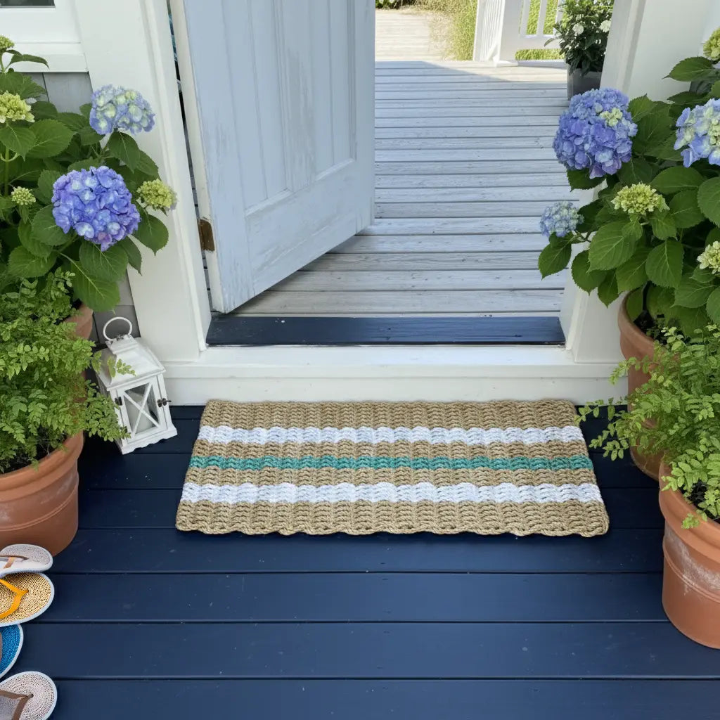 Handcrafted, woven doormat with striped pattern on a coastal wooden porch with potted plants and an open door.
