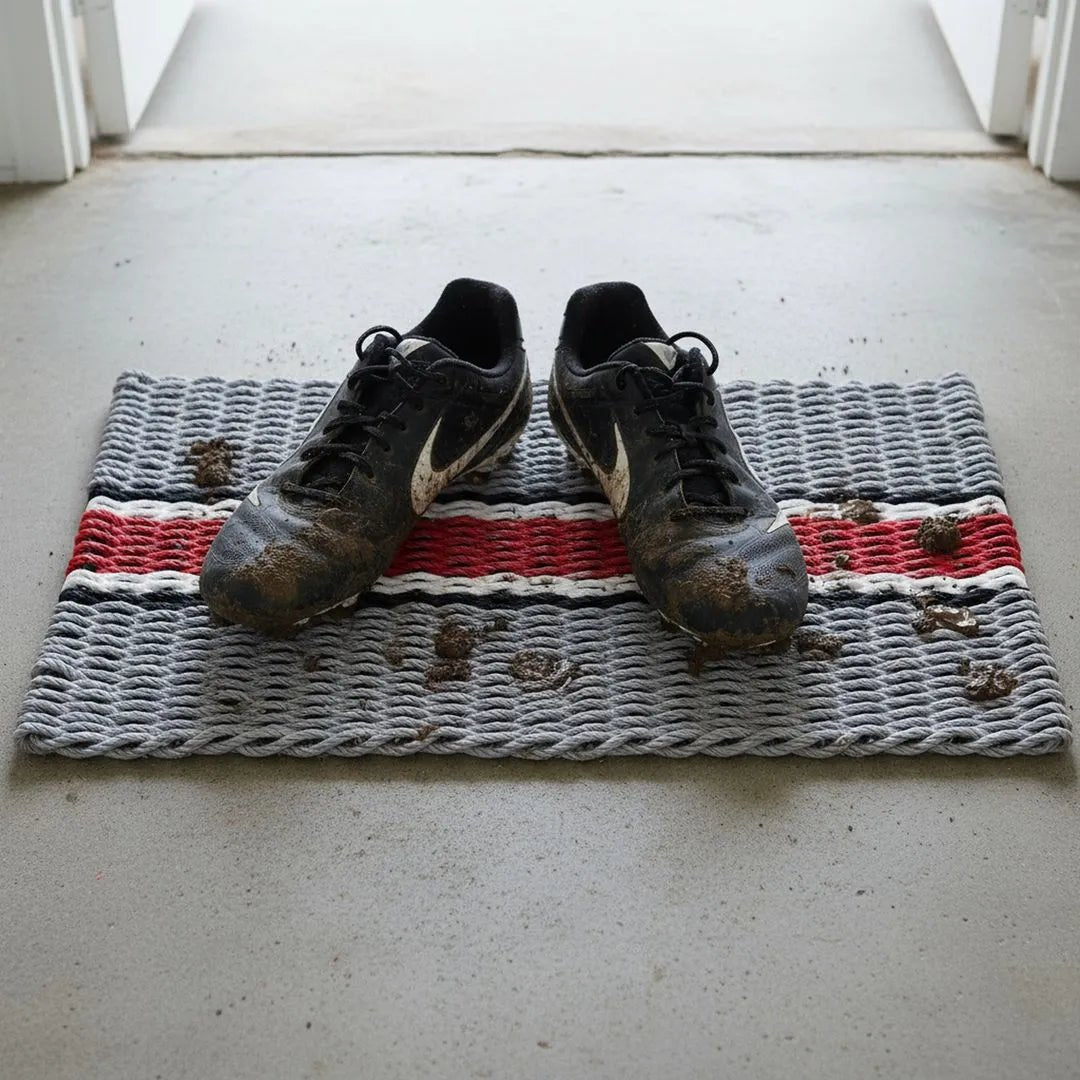 Limited Edition Football Rope Doormat - Gray, Red and White - Lollis Loops
