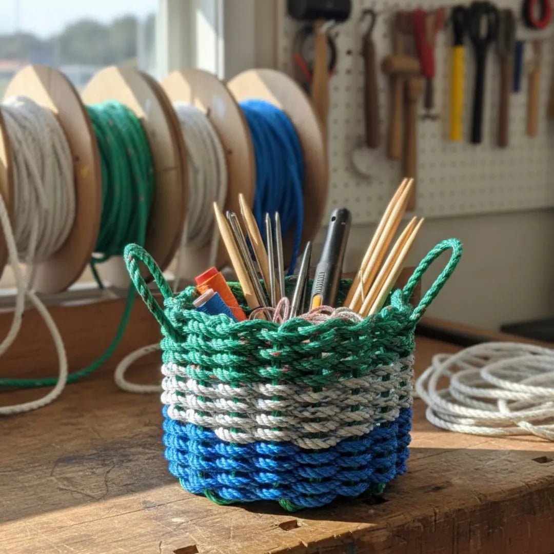 Green, Gray & Blue Lobster Rope Basket – Handwoven Coastal Storage Organizer - Lollis Loops