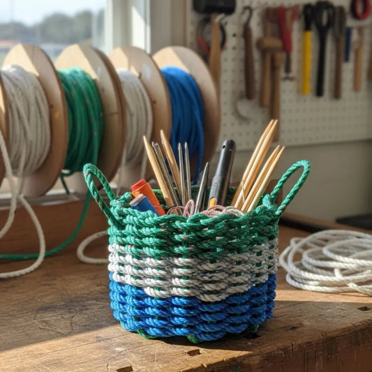 Green, Gray & Blue Lobster Rope Basket – Handwoven Coastal Storage Organizer - Lollis Loops