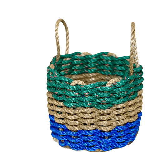 Green, Tan & Blue Lobster Rope Basket – Handwoven Coastal Storage Organizer - Lollis Loops