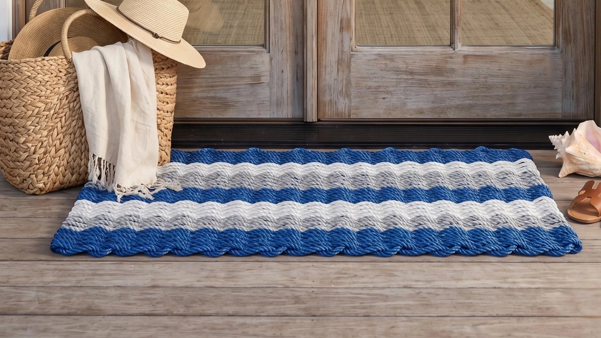 Handcrafted Coastal Stripe Doormat with blue and white high quality, weather resistant and water proof cordage on a wooden floor of a coastal cottage outdoor porch with a wicker basket and hat in the background