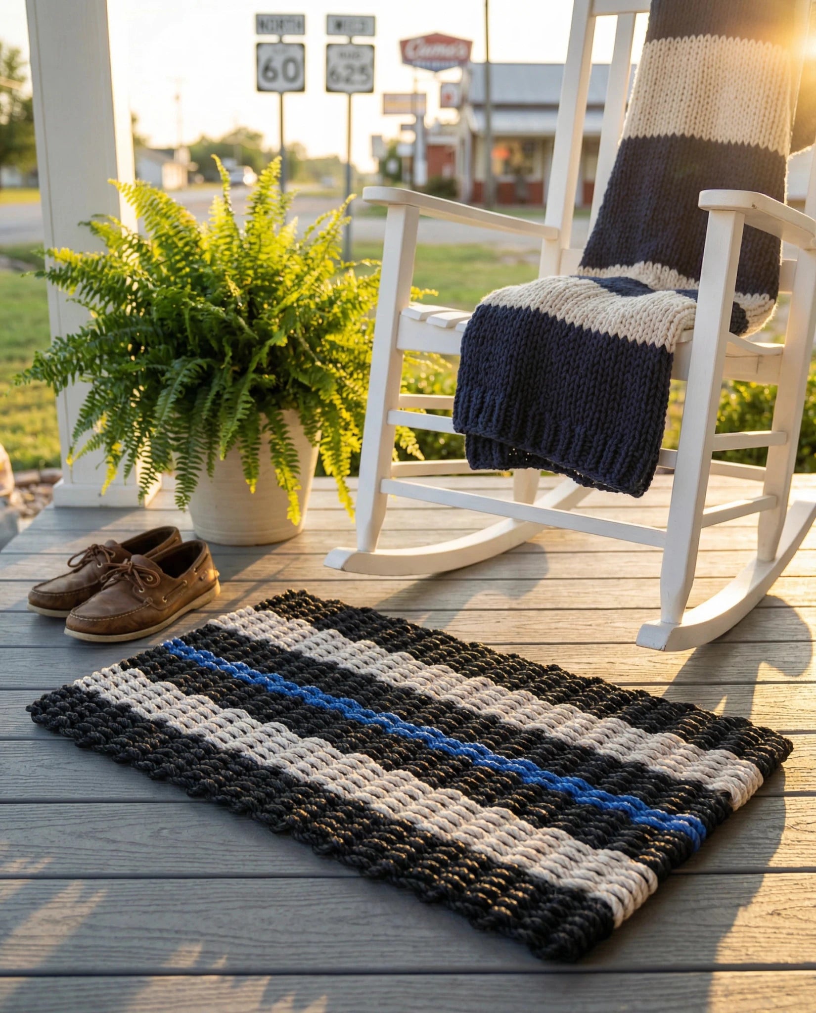 Lolli's Loops Signature Stripe Collection Marine Rope Doormat - Black, Sand & Blue, All-Weather - Lollis Loops