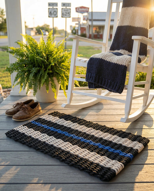 Lolli's Loops Signature Stripe Collection Marine Rope Doormat - Black, Sand & Blue, All-Weather - Lollis Loops