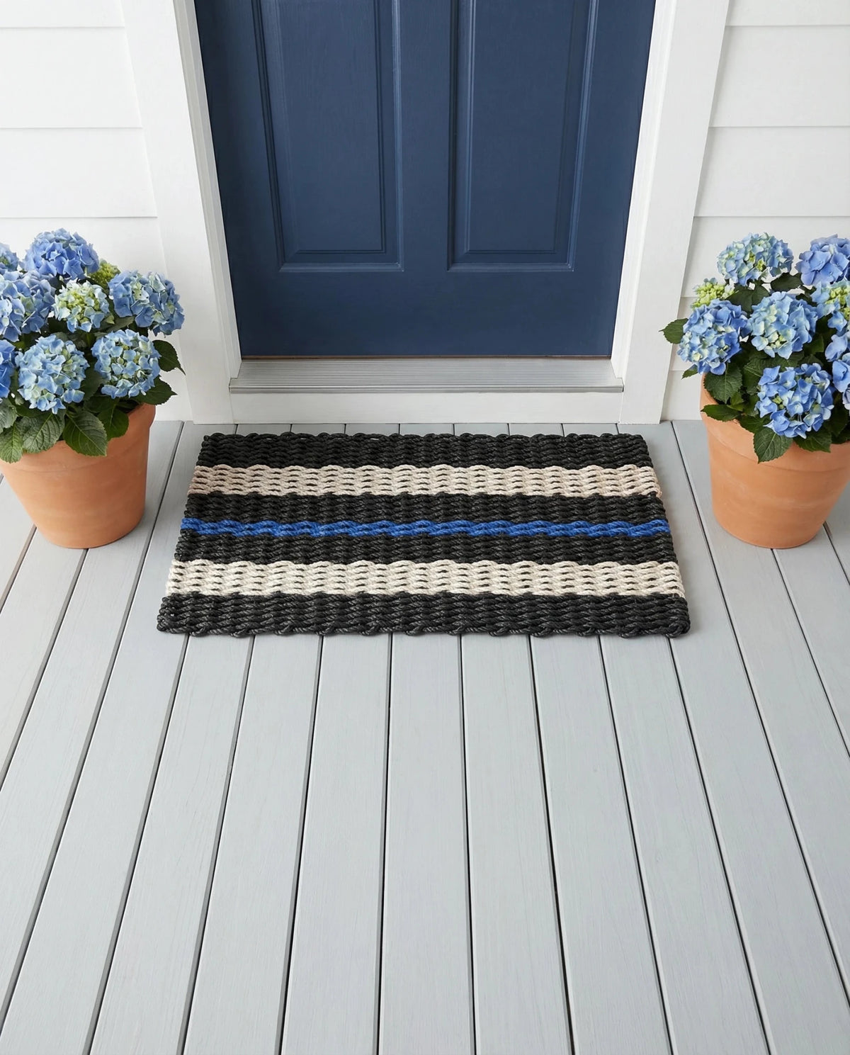 Lolli's Loops Signature Stripe Collection Marine Rope Doormat - Black, Sand & Blue, All-Weather - Lollis Loops