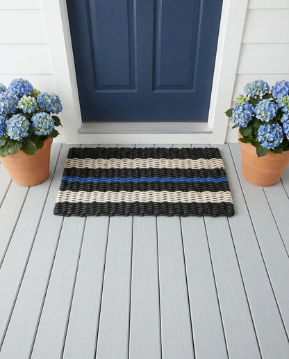 Lolli's Loops Signature Stripe Collection Marine Rope Doormat - Black, Sand & Blue, All-Weather - Lollis Loops