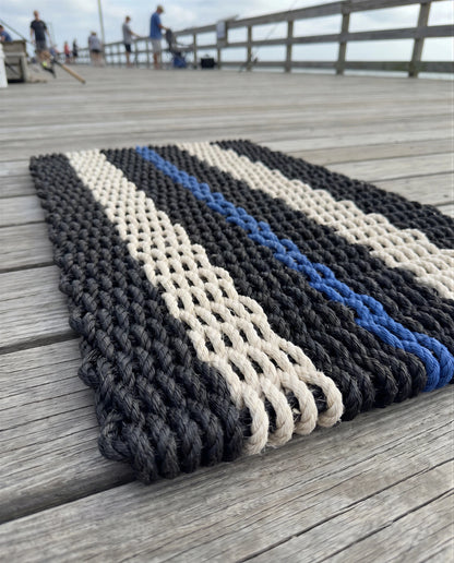 Lolli's Loops Signature Stripe Collection Marine Rope Doormat - Black, Sand & Blue, All-Weather - Lollis Loops