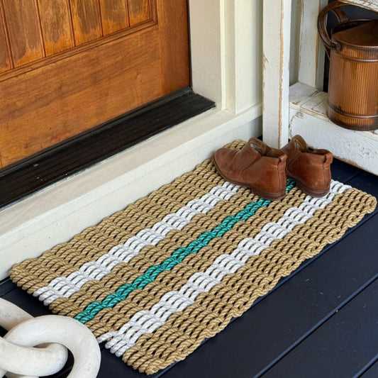 Tan and White Classic+ Doormat with Teal Accent – Coastal Joy