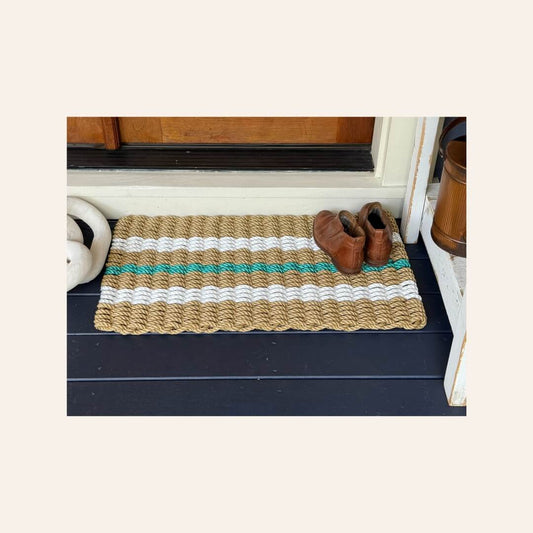 Tan and White Classic+ Doormat with Teal Accent – Coastal Joy
