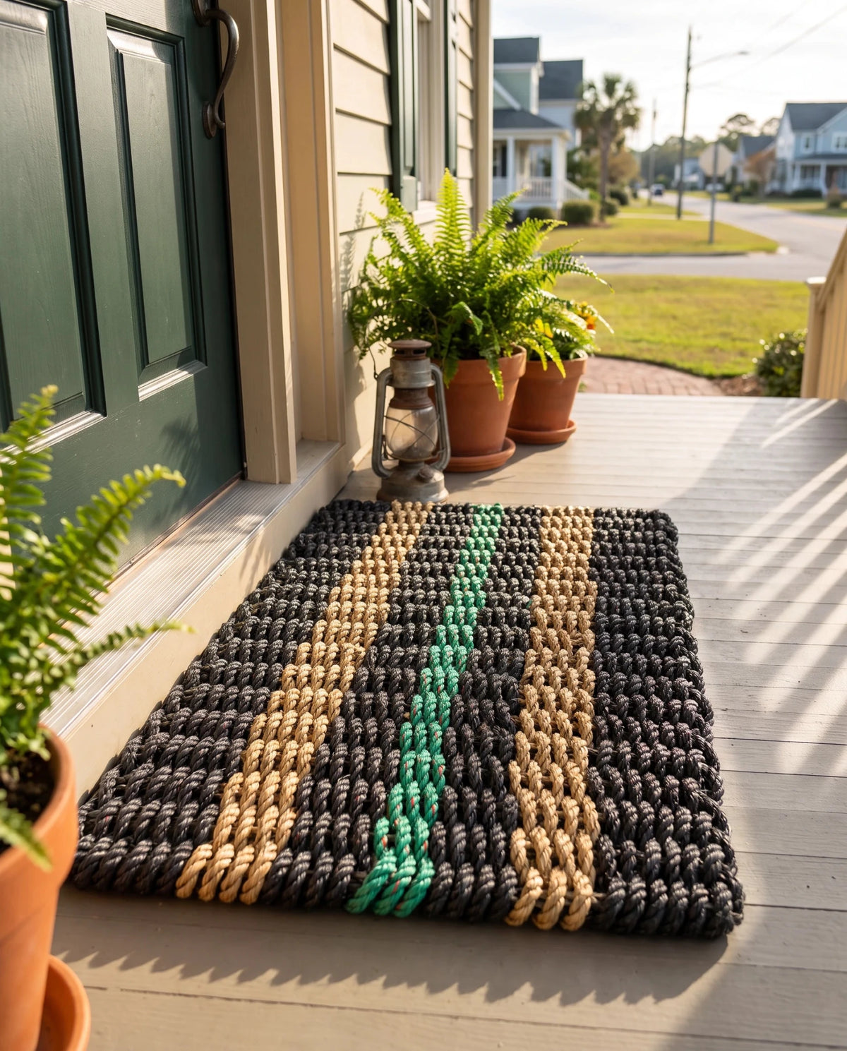 Lolli's Loops Signature Stripe Collection Marine Rope Doormat - Black, Tan & Green, All-Weather - Lollis Loops