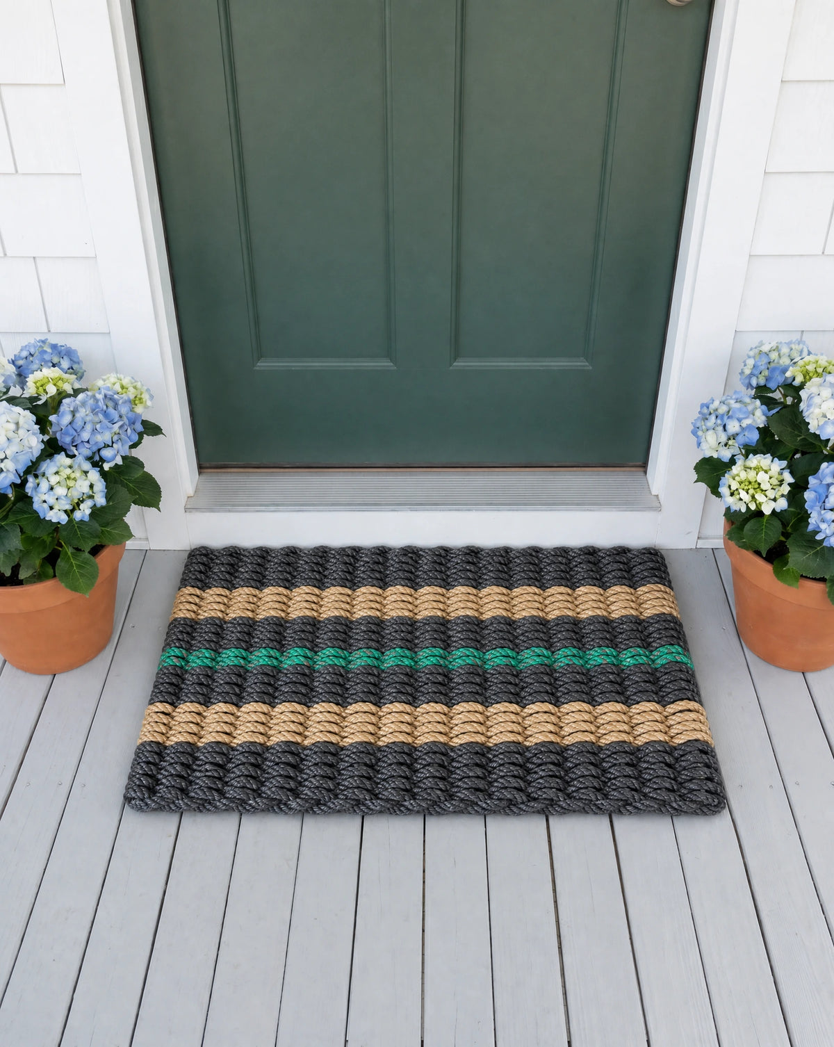 Lolli's Loops Signature Stripe Collection Marine Rope Doormat - Black, Tan & Green, All-Weather - Lollis Loops