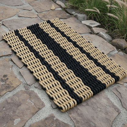 Tan & Black Lobster Rope Doormat outside on brick paver