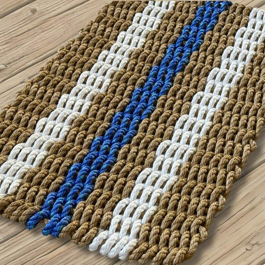Timeless Rope Doormat - Tan, White, Blue on Wood Deck