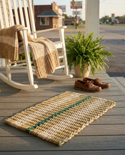 Tan, sand and green lobster rope doormat on a wooden porch beside a white rocking chair, fern and brown boat shoes.