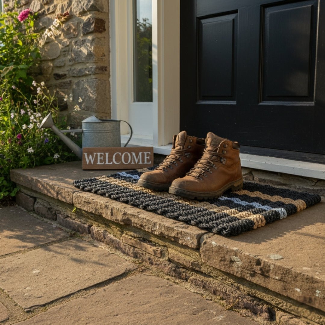 All Weather, durable  Lobster Rope Mat with coastal classic black and tan stripes interrupted with a rebellious pop of gray pinstripe on a farmhouse front step with muddy boots sitting on the outdoor, waterproof, easy-to-clean mat.