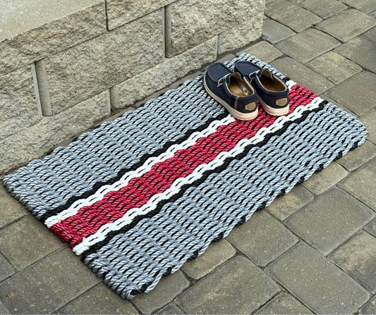 Football Game Day Handcrafted Lobster Rope Doormat - Gray Red White and Red