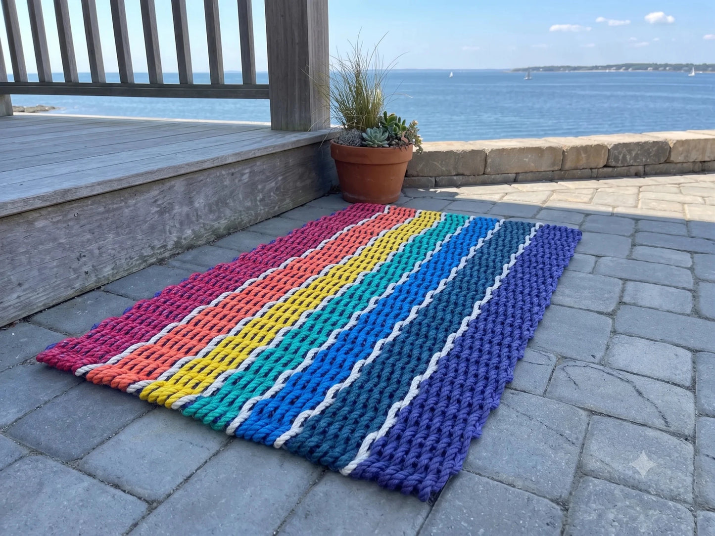 Vibrant Rainbow Striped Doormat Handwoven Rope Construction Large 24x48 Entrance Mat Red Orange Yellow Turquoise Blue Navy Purple White Borders Signature Tighter Weave System Flat Dense Design Limited Edition Artisan Crafted Outdoor Indoor