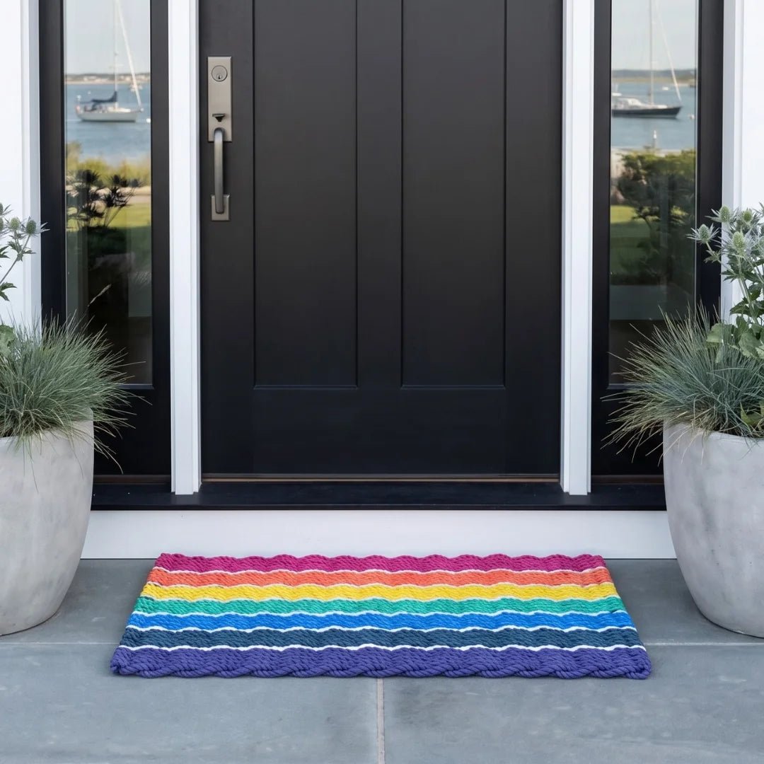 Signature Tighter Weave Doormat Handwoven Rope Design Rainbow Striped Pattern Large 24x48 Outdoor Mat Dense Flat Construction Resists Curling Red Orange Yellow Turquoise Blue Navy Purple Stripes White Rope Borders Limited Edition Only 5