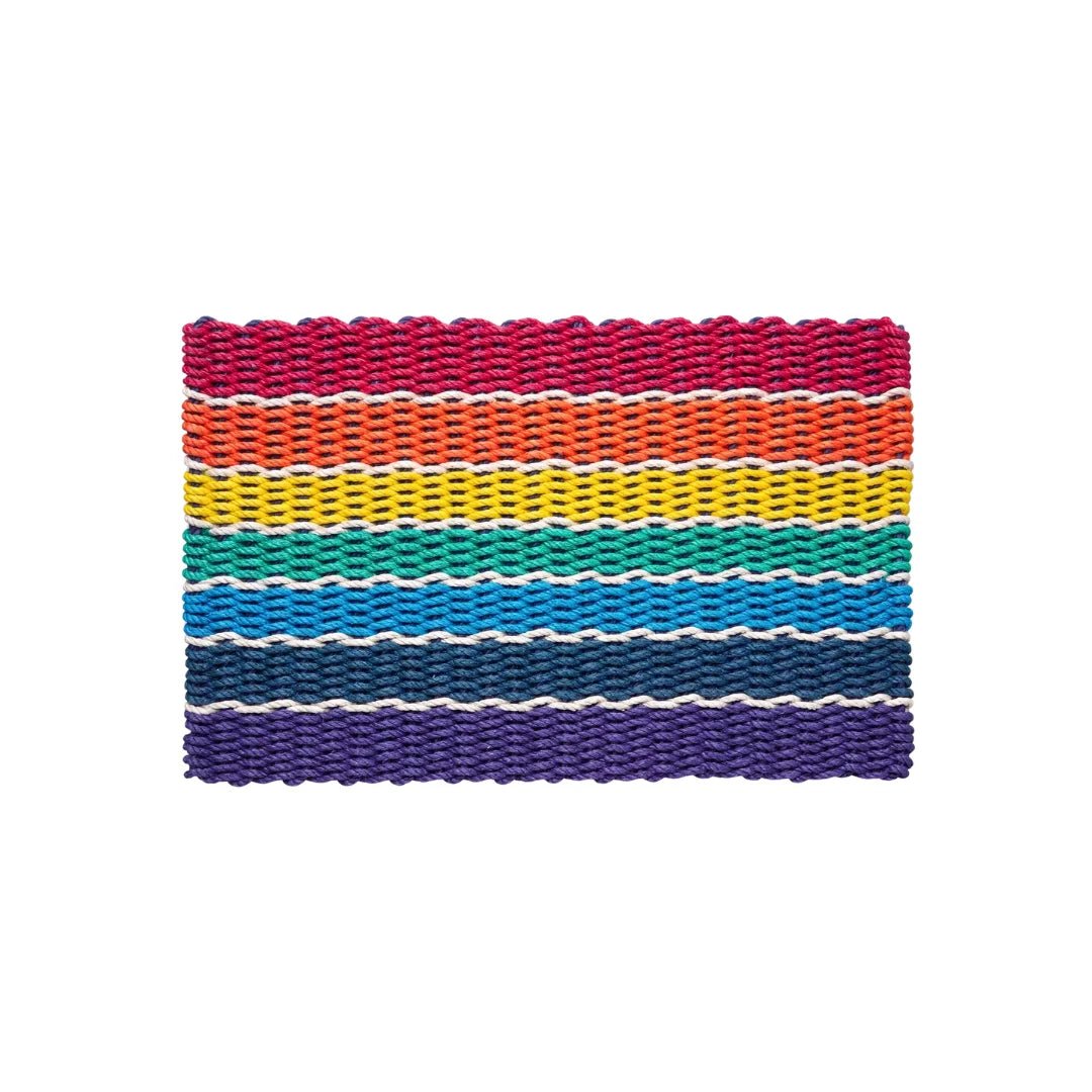 Rainbow Doormat Handwoven Rope Design Large 24x48 Outdoor Entrance Mat Colorful Striped Pattern Red Orange Yellow Turquoise Blue Navy Purple White Borders Limited Edition Home Art Signature Tighter Weave System Flat Construction Prevents