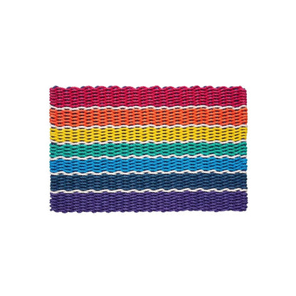 Rainbow Doormat Handwoven Rope Design Large 24x48 Outdoor Entrance Mat Colorful Striped Pattern Red Orange Yellow Turquoise Blue Navy Purple White Borders Limited Edition Home Art Signature Tighter Weave System Flat Construction Prevents