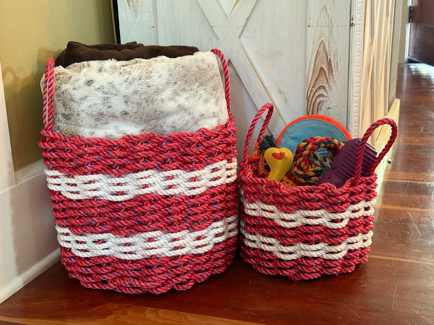 Red and White Rope Baskets filled with Home Goods