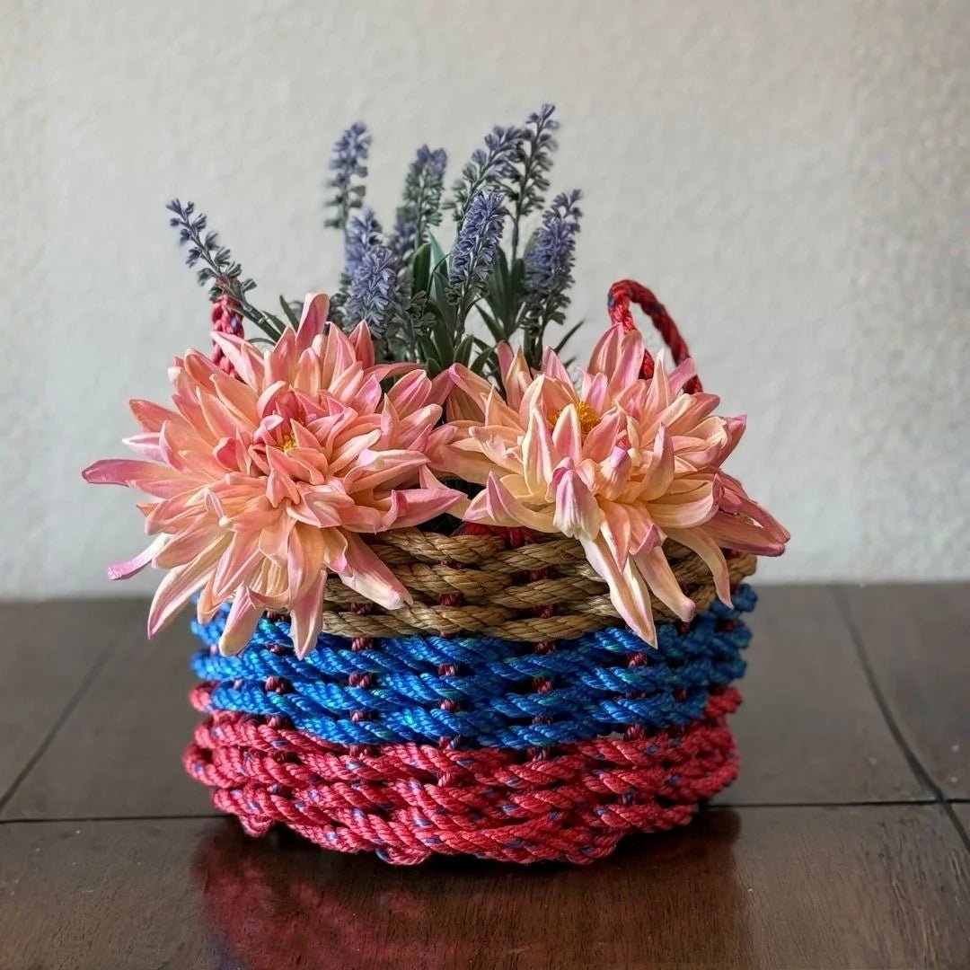Red, Blue & Tan Lobster Rope Basket – Handwoven Coastal Storage Bin - Lollis Loops