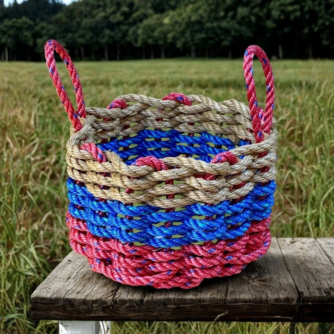 Red, Blue & Tan Lobster Rope Basket – Handwoven Coastal Storage Bin - Lollis Loops